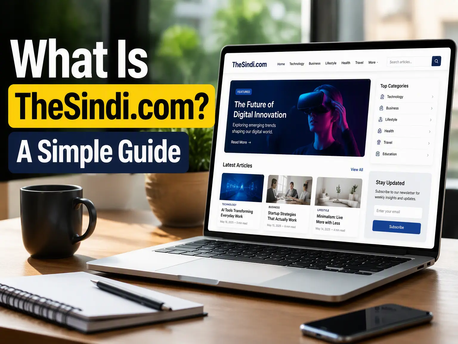 TheSindi.com website guide showing online content, navigation, categories, and key features for new visitors